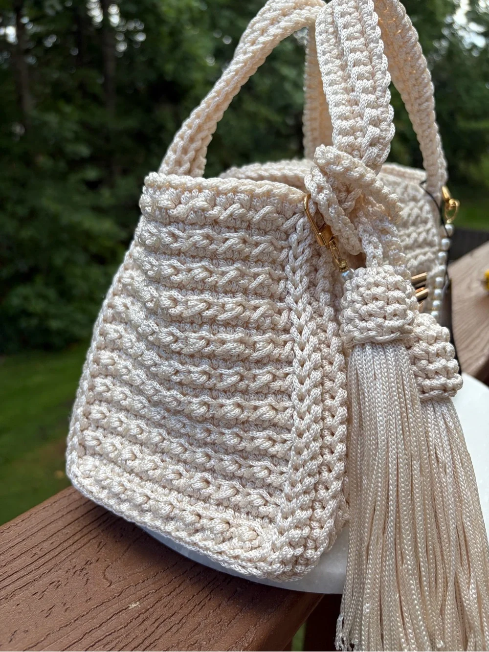 Ivory Crochet Bag, Handmade Boho Purse, Polypropylene Woven Handbag, Tassel